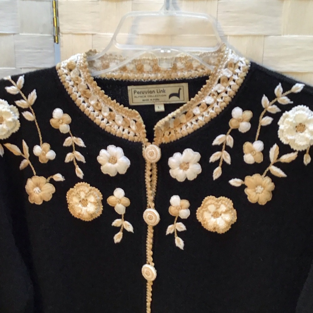 Peruvian Connection Black and Cream Floral Cardigan - Picture 2 of 8